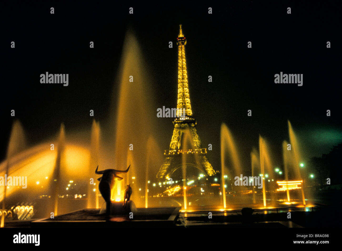 the famous Eiffel Tower through fountains in Paris France at night