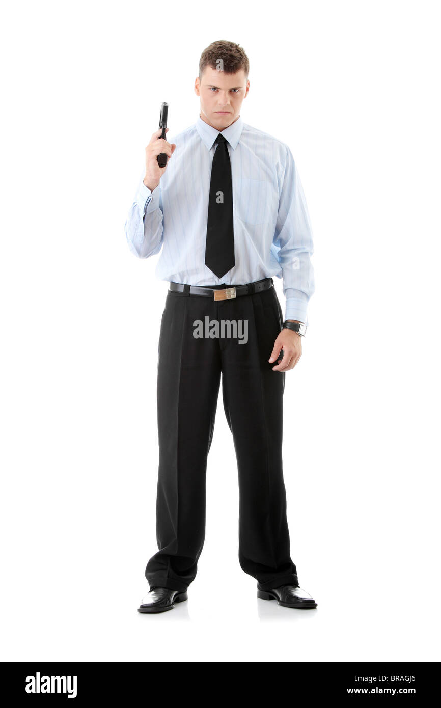 Gun control concept - businessman with handgun, isolated on white Stock Photo