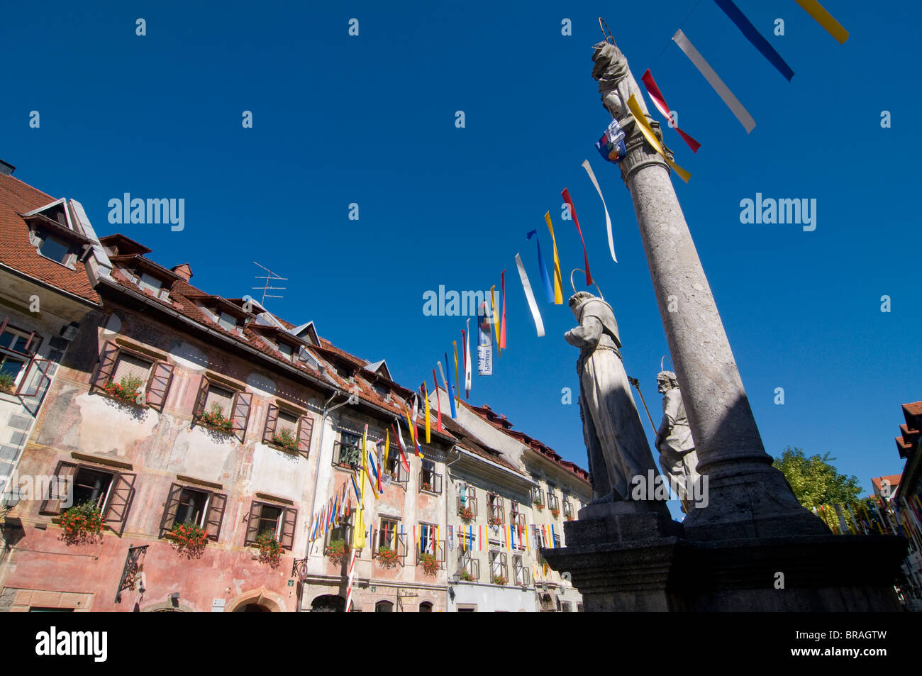 Beautiful decorated houses in the town of Sofja Loka, Slovenia, Europe Stock Photo