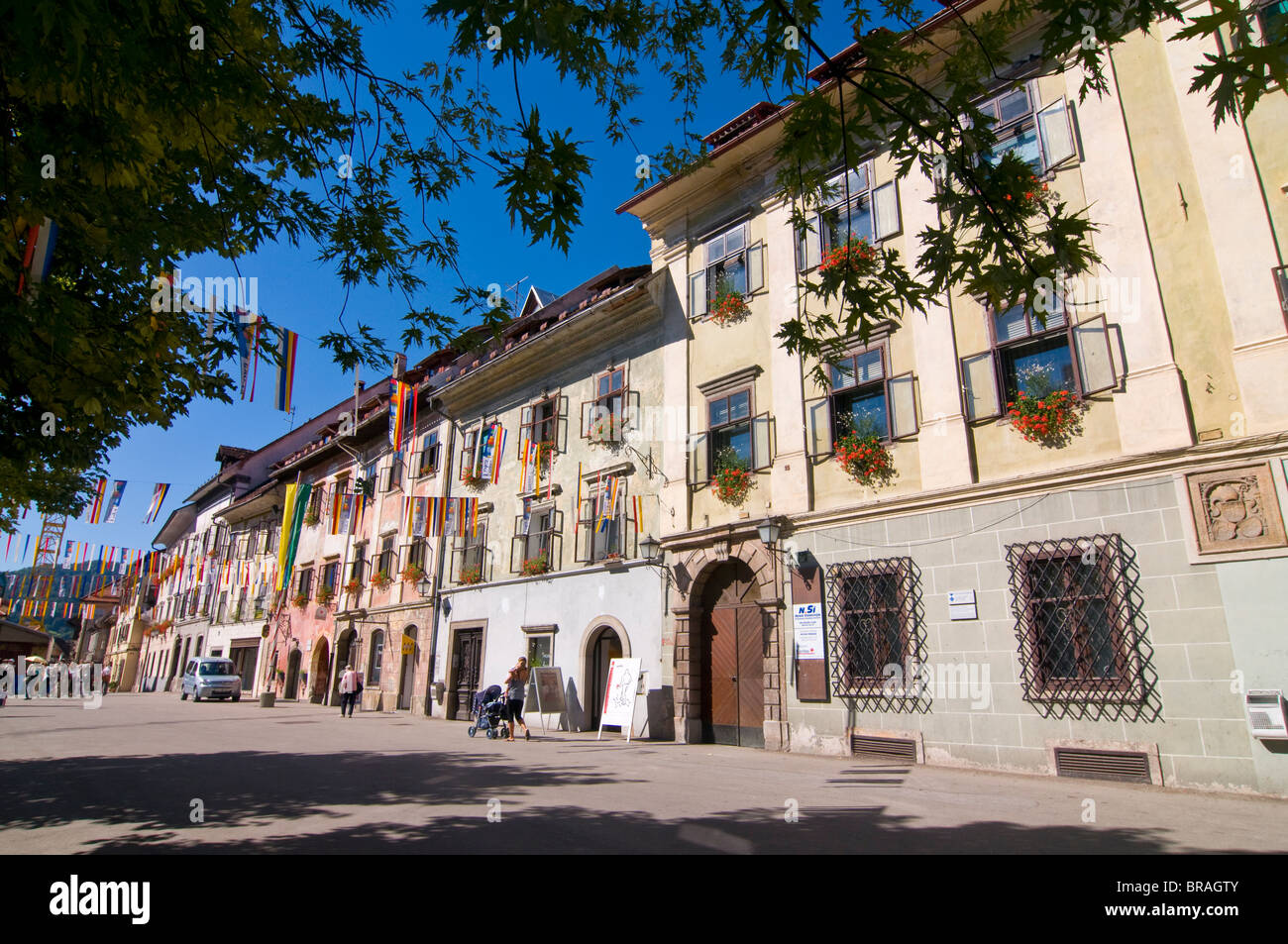 Beautiful decorated houses in the town of Sofja Loka, Slovenia, Europe Stock Photo