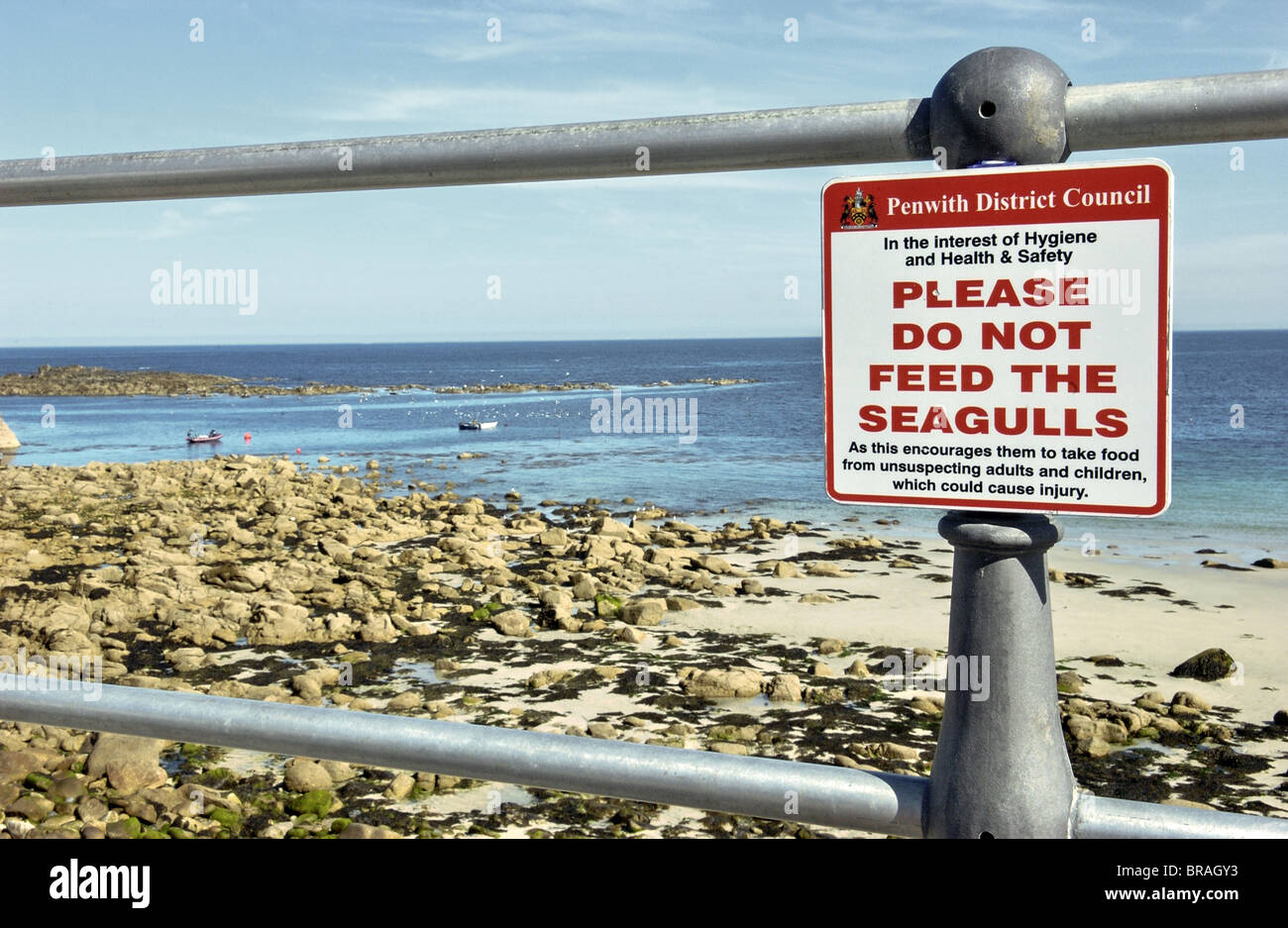 Do not feed the seagulls notice at Sennen Cove in Cornwall, England, UK Stock Photo