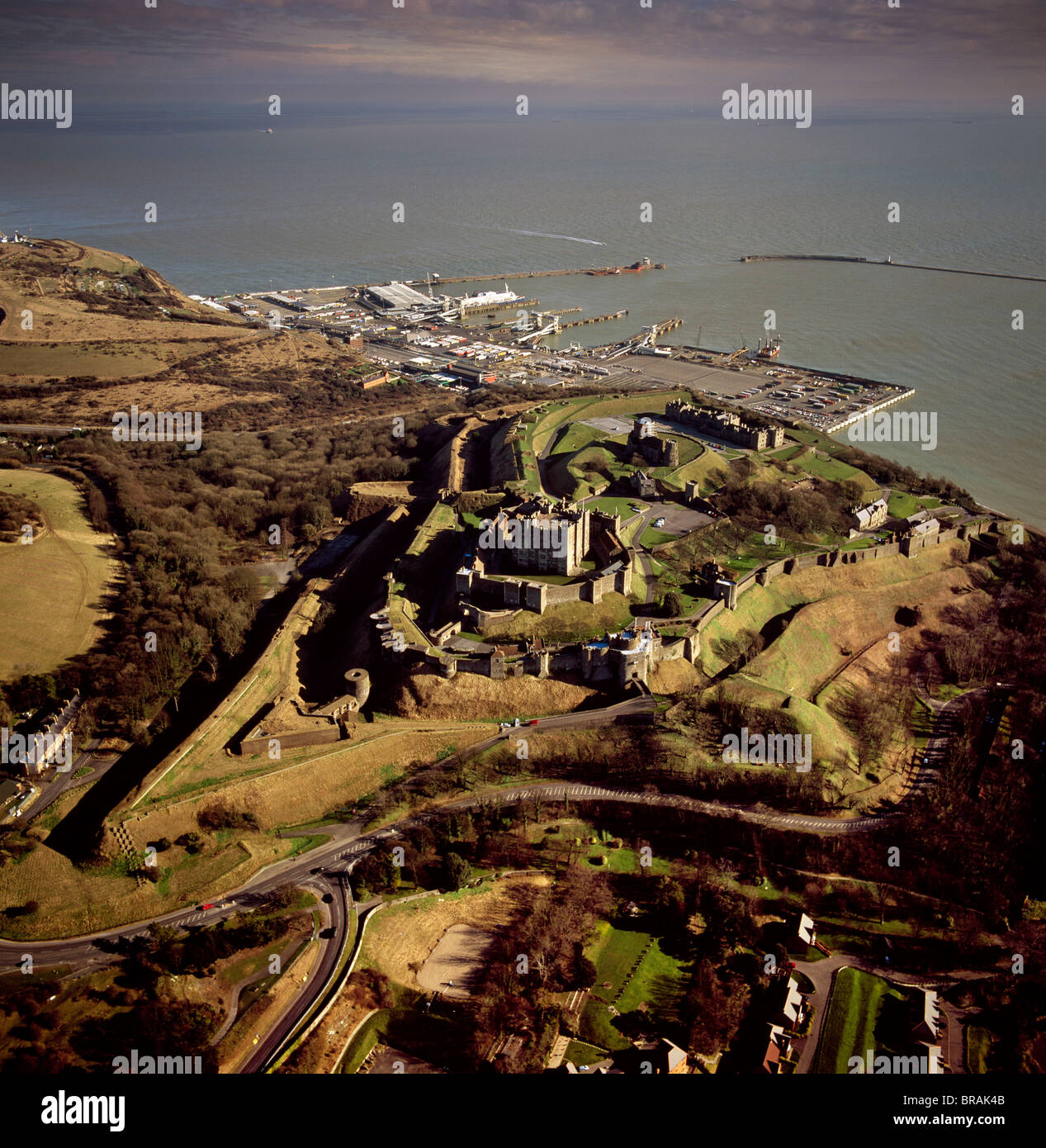 Aerial image of Dover Castle with Dover Harbour beyond, Kent, England, United Kingdom, Europe Stock Photo