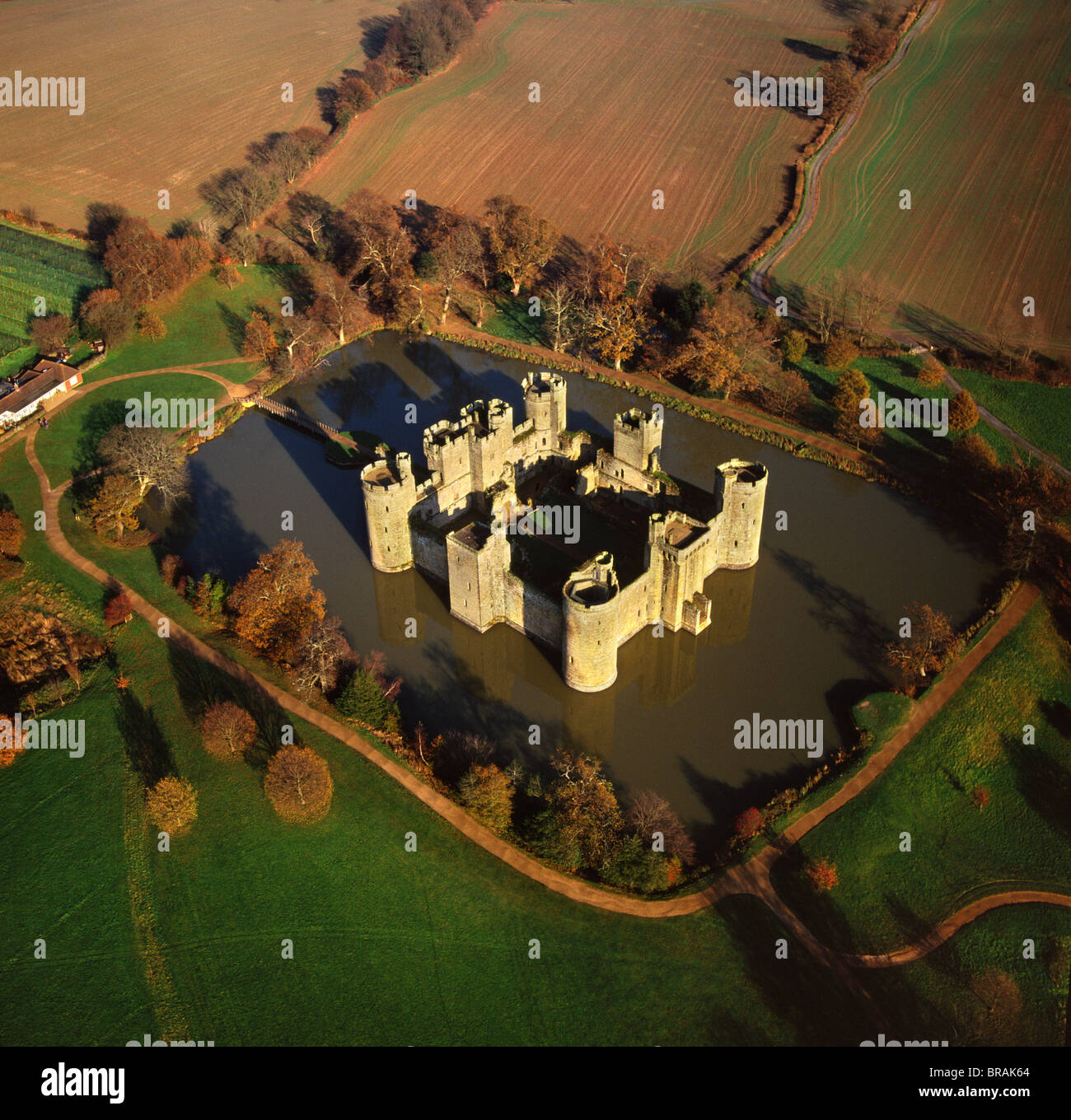 Aerial image of Bodiam Castle, late medieval moated castle, Robertsbridge, East Sussex, England, United Kingdom, Europe Stock Photo