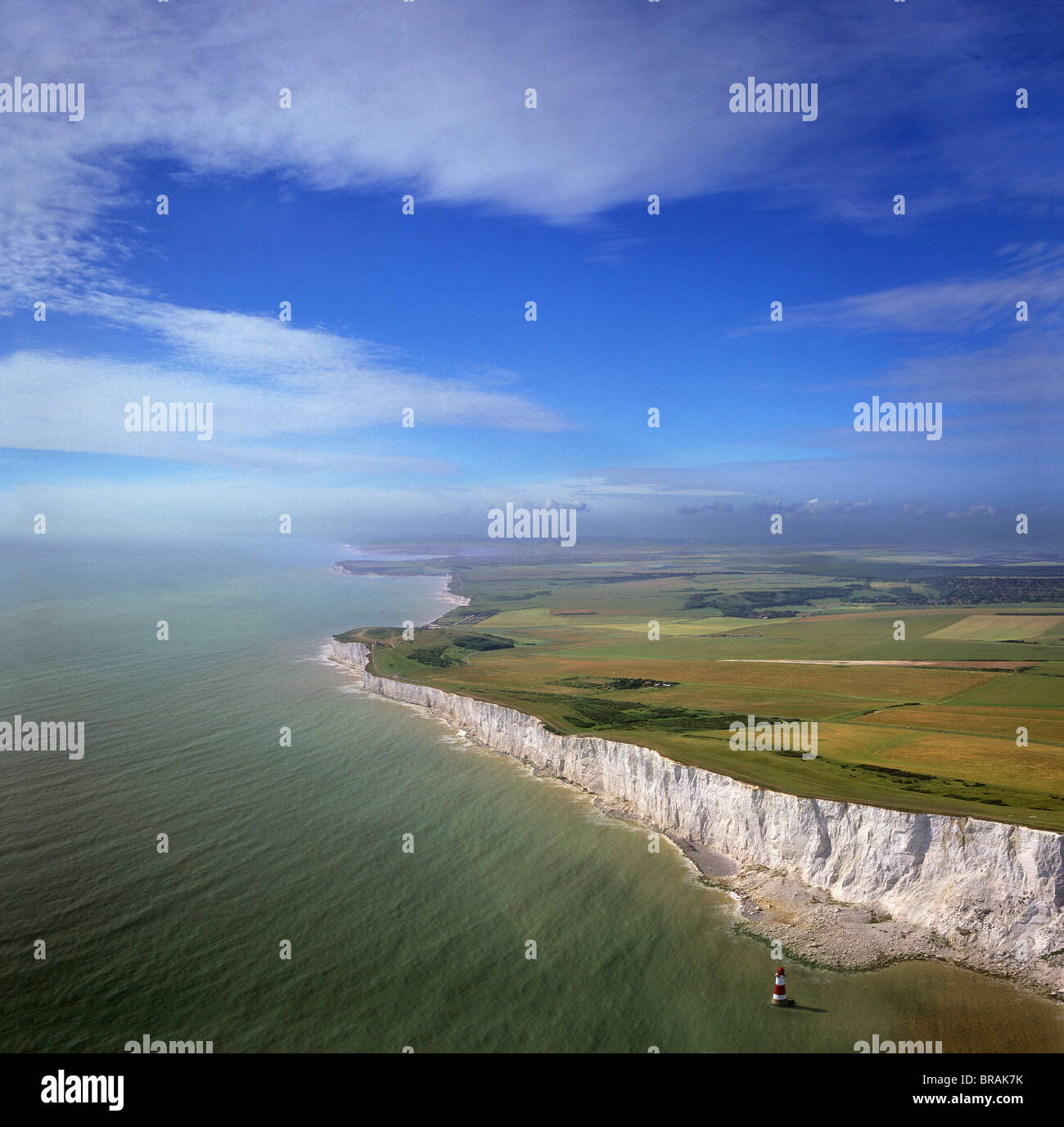 Aerial image of chalk cliffs and lighthouse at Beachy Head, near Eastbourne, East Sussex, England, United Kingdom, Europe Stock Photo