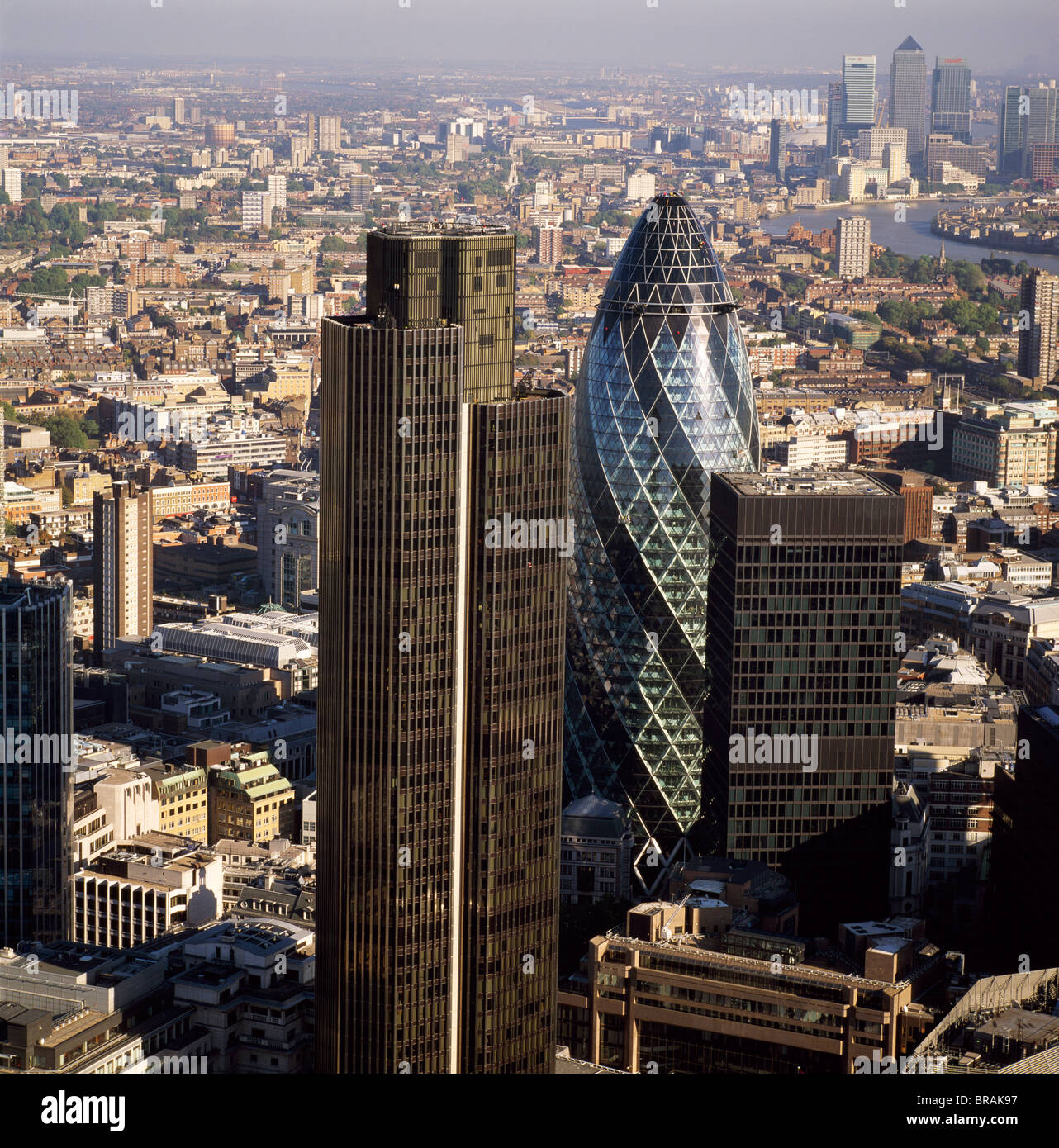 Aerial view of Tower 42, Gherkin (30 St. Mary Axe) (Swiss Re Building) and St. Helen's (Aviva Tower), City of London, London, UK Stock Photo