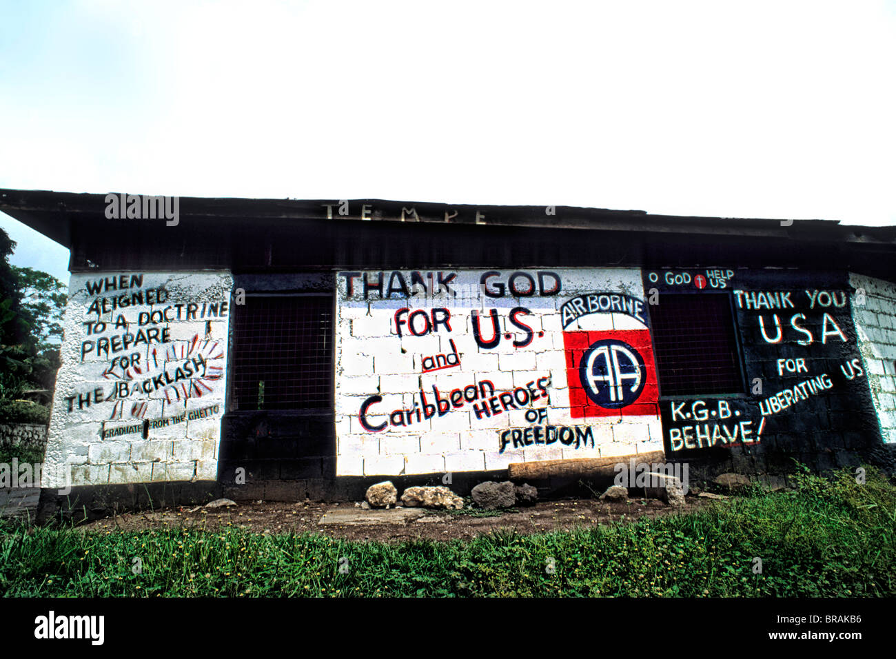 Signs saying thanks to the USA for 1980s where USA rescued Grenada from invasion in Caribbean Stock Photo