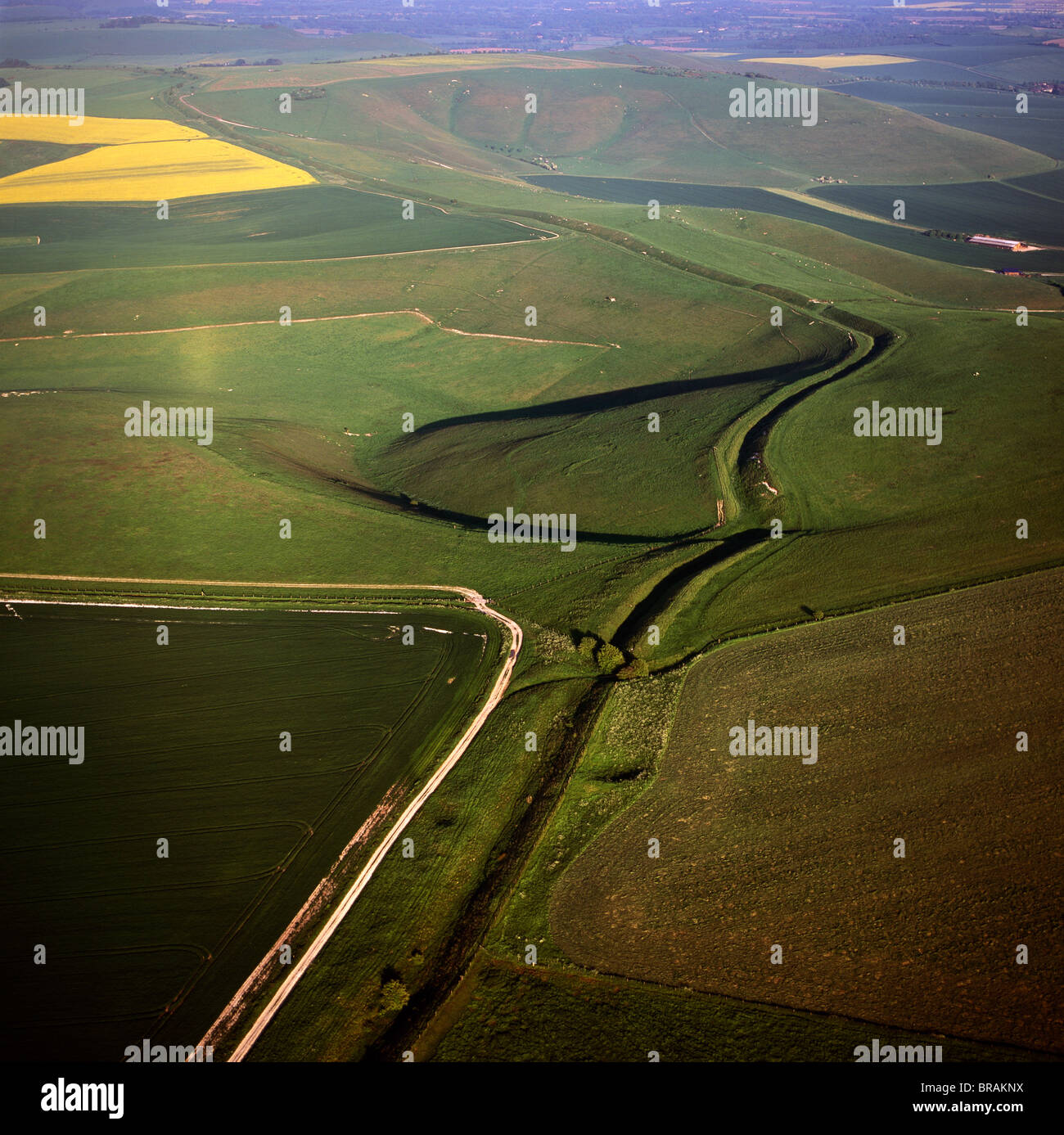 Aerial image of Wansdyke (from Woden's Dyke), an early medieval series of defensive linear earthworks, Tan Hill, Wiltshire, UK Stock Photo