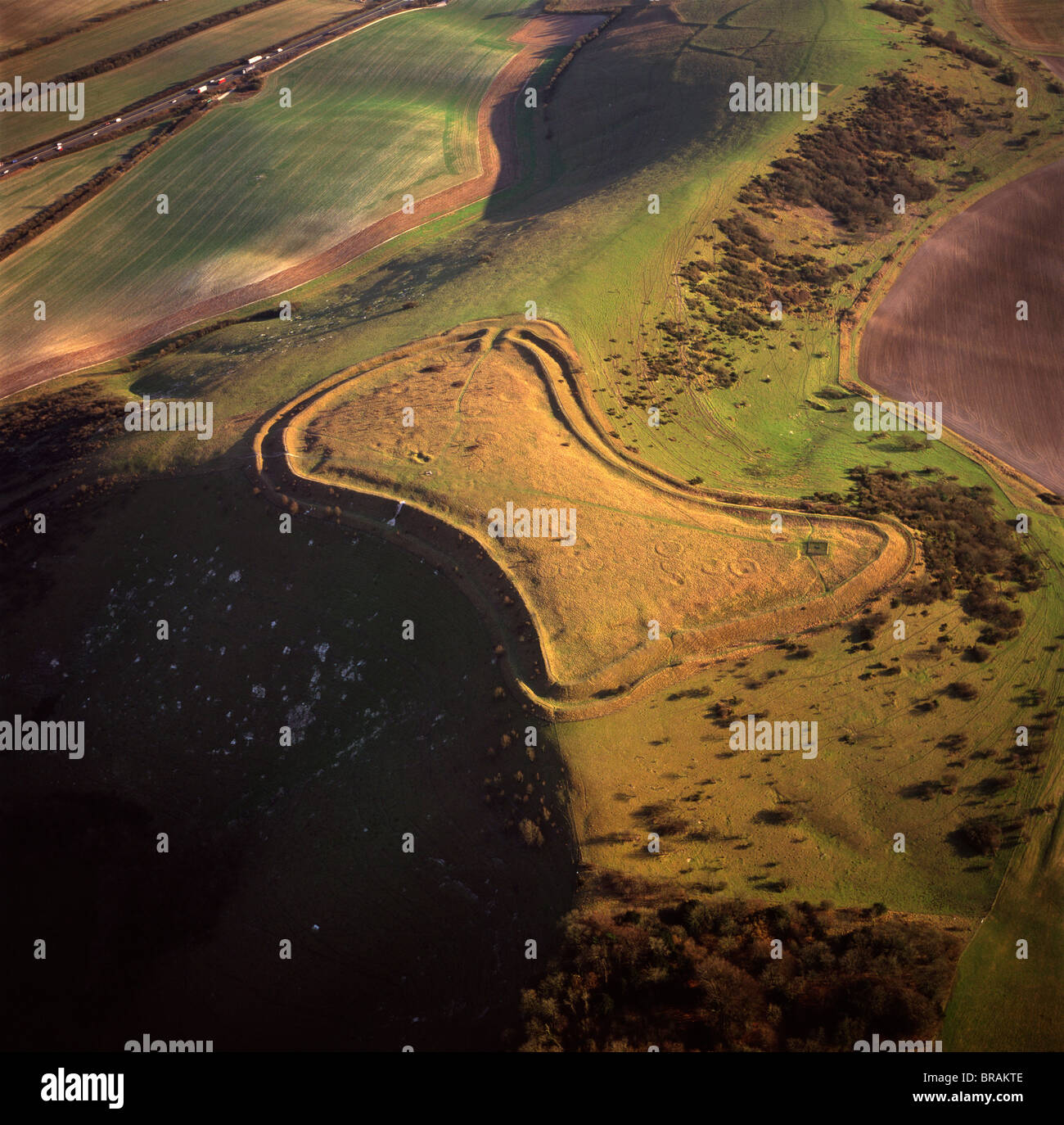 Aerial image of Beacon Hill, an Iron Age hill fort, Burghclere, Hampshire, England, United Kingdom, Europe Stock Photo