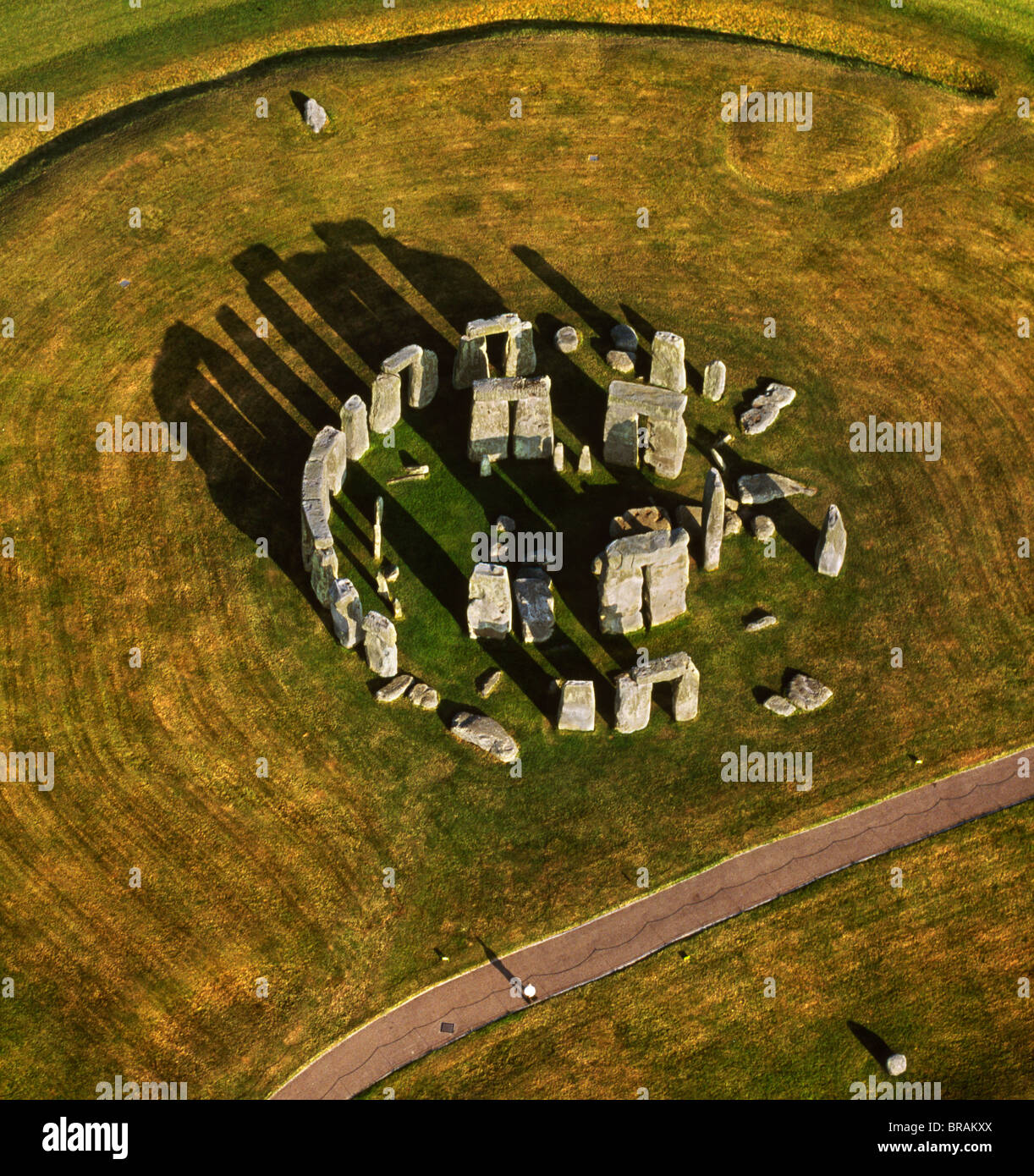 Aerial image of Stonehenge, prehistoric monument and stone circle, UNESCO, Salisbury Plain, Wiltshire, England, UK Stock Photo