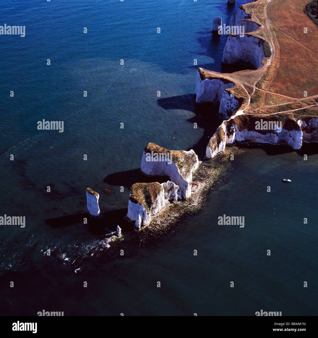 Aerial image of Old Harry Rocks, chalk stacks located directly east of Studland, north of Swanage, Dorset, England, UK Stock Photo
