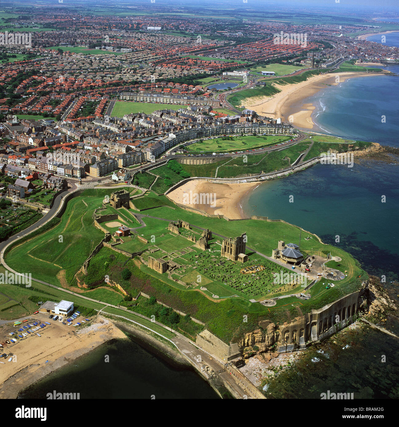 Aerial image of Tynemouth Priory and Castle, on a rocky headland known as Pen Bal Crag, Tyne and Wear, England, United Kingdom Stock Photo