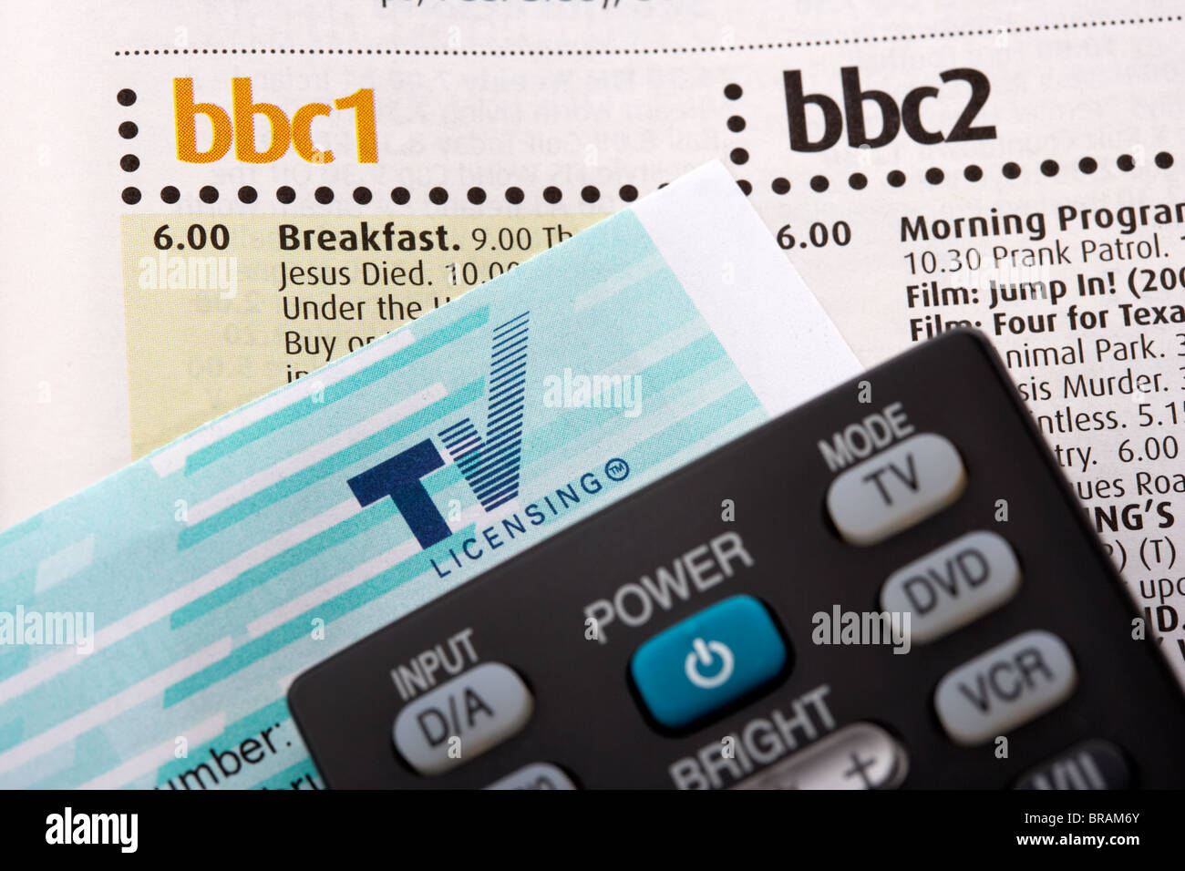 uk tv license with tv remote control and television newspaper listings Stock Photo