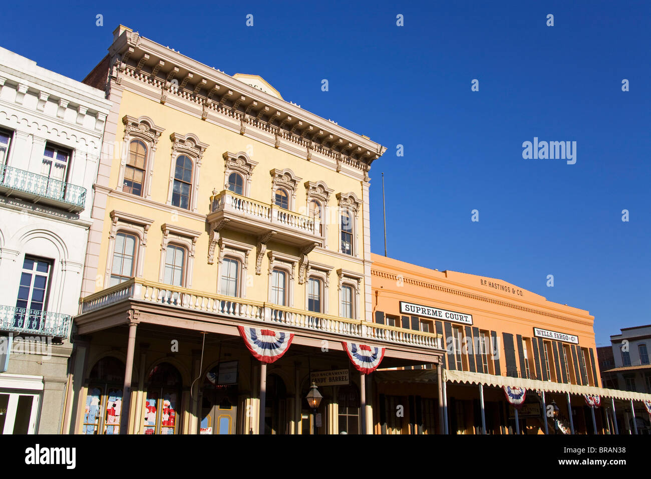 Historic buildings on 2nd Street in Old Town Sacramento, California