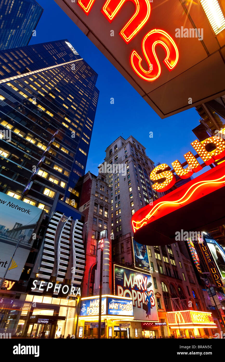 Neon lights of 42nd Street, Times Square, Manhattan, New York City, New York, United States of America, North America Stock Photo