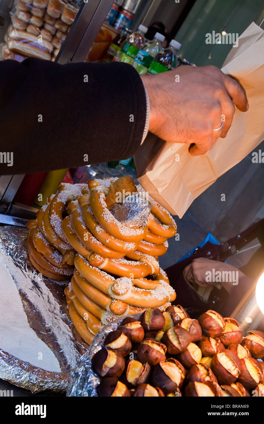 Pretzels and chestnuts for sale on Fifth Avenue, Manhattan, New York City, New York, United States of America, North America Stock Photo