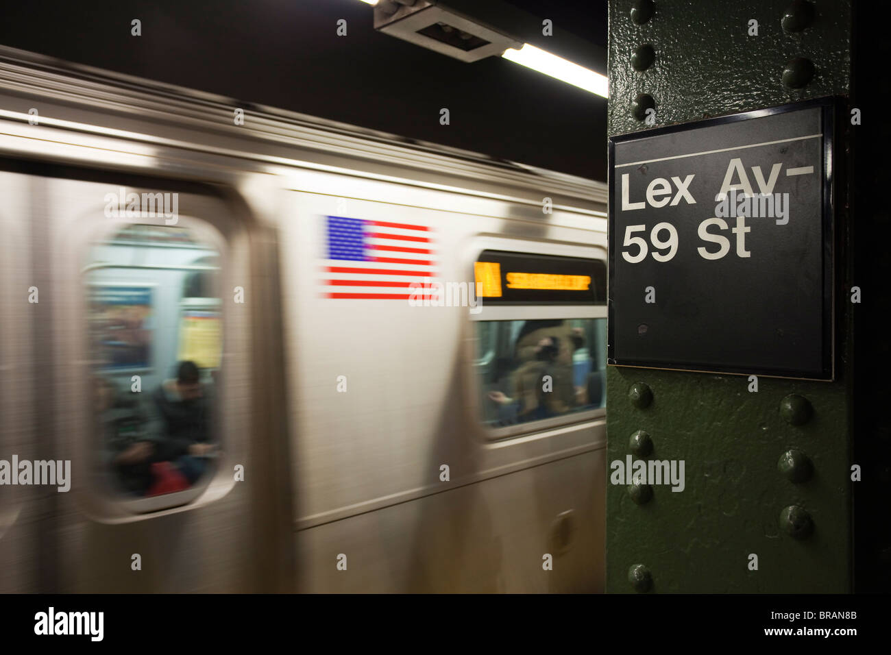 Subway station and train in motion, Manhattan, New York City, New York, United States of America, North America Stock Photo