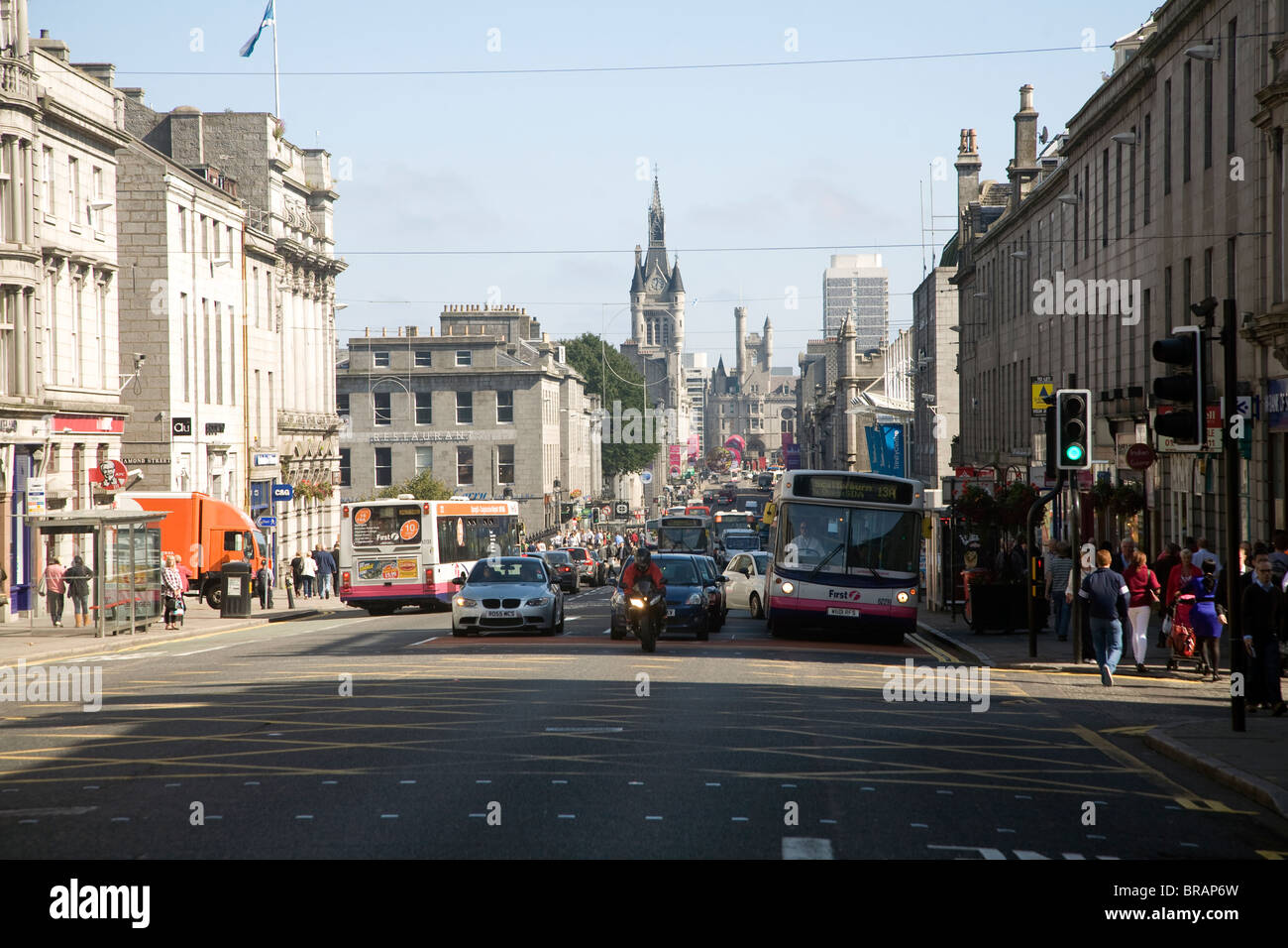 Shops traffic people, Union Street, Aberdeen, Scotland Stock Photo