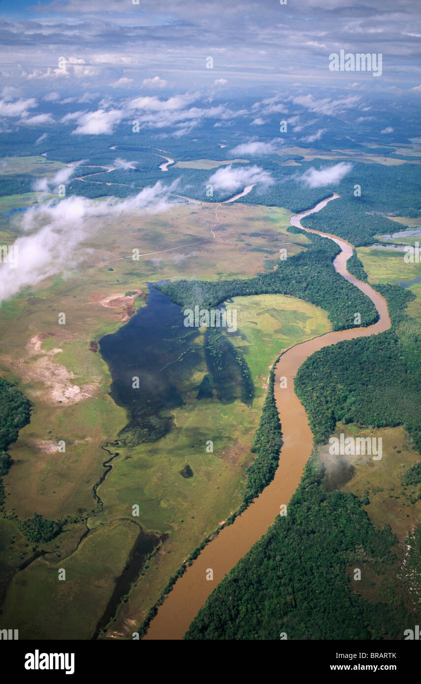 Aerial image of Yuruani River near Masu-paru-mota, Canaima National Park, UNESCO, La Gran Sabana, Bolivar State, Venezuela Stock Photo