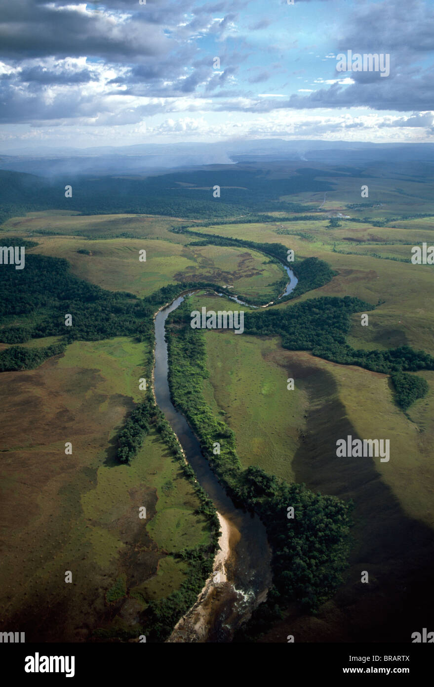 Aerial image of Yuruani River near Masu-paru-mota, Canaima National Park, UNESCO, La Gran Sabana, Bolivar State, Venezuela Stock Photo