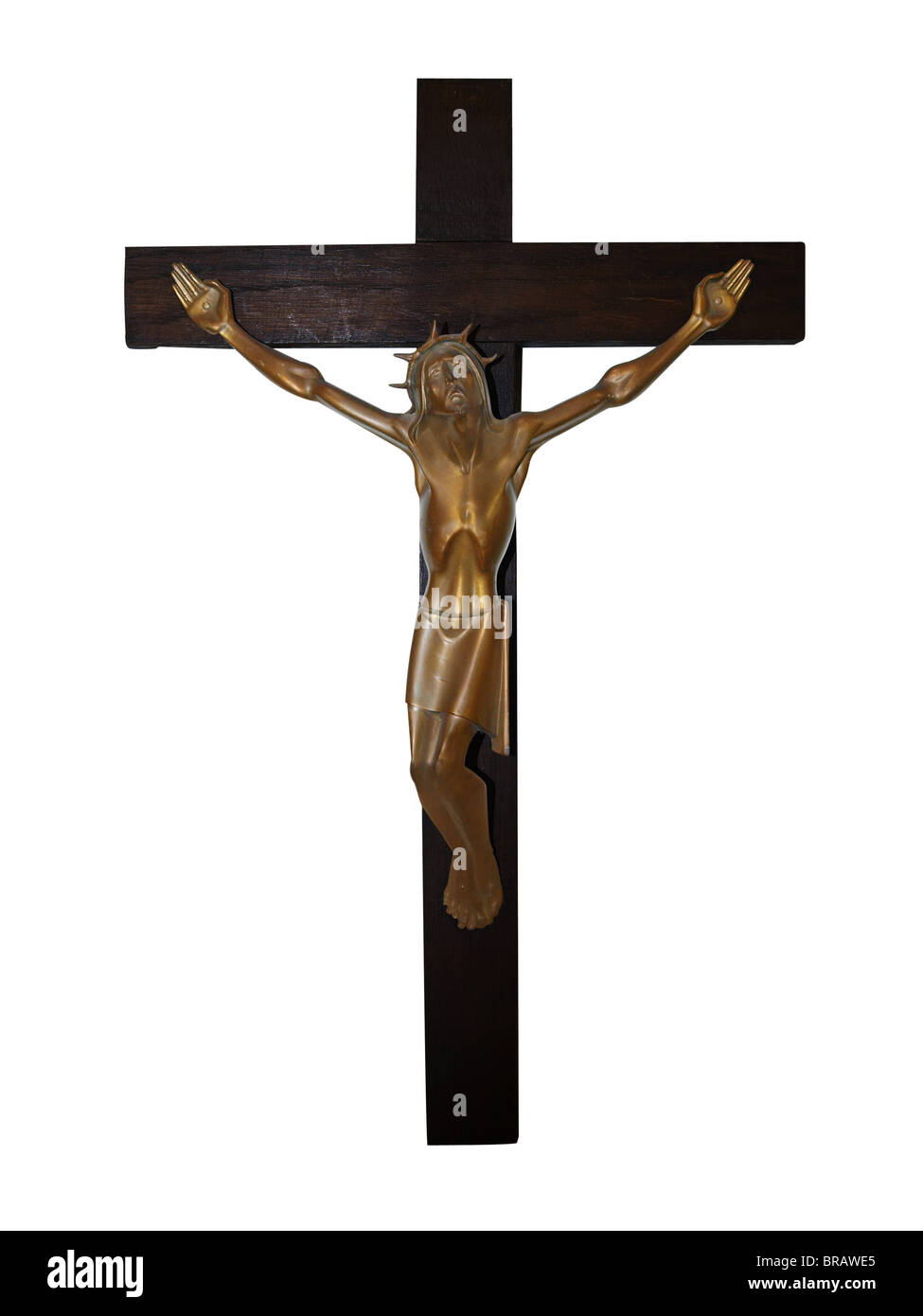 Brass Crucifix on Wooden Cross isolated with clipping path Stock Photo