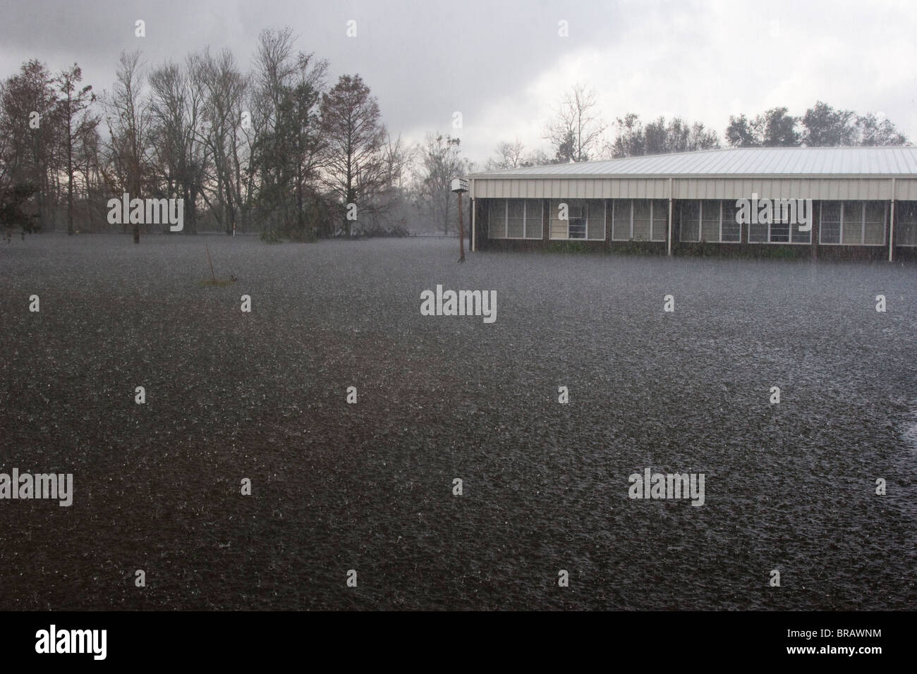 The elementary school in endangered Pointe aux Chene, Louisiana is flooded after Hurricane Ike. Stock Photo