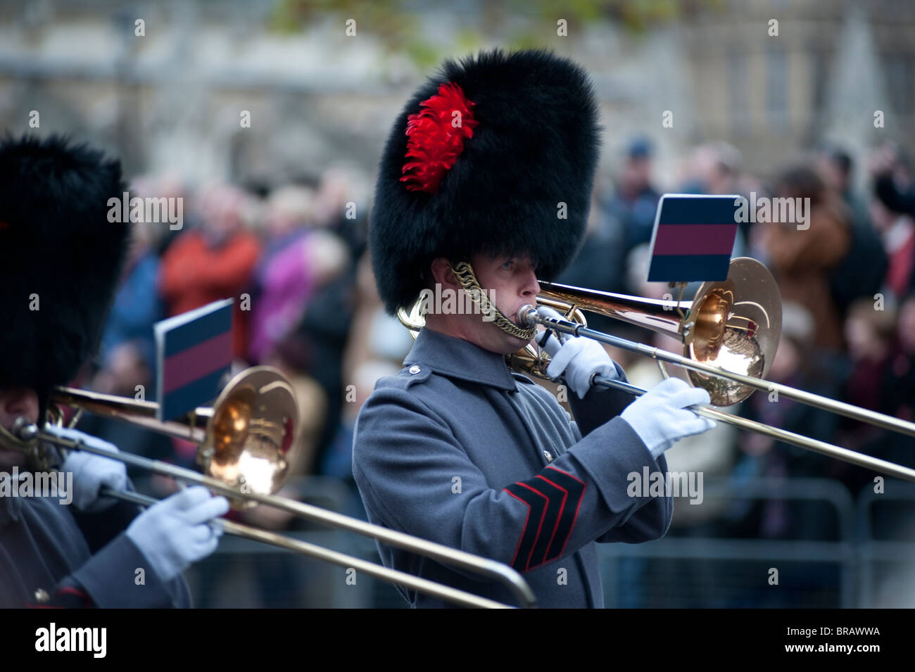 Military band marches through Whitehall on the Remembrance Day Parade