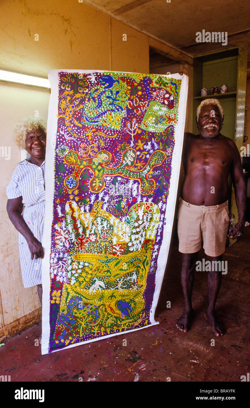 Allawa Tribe elder and wife with their painting, Australia Stock Photo