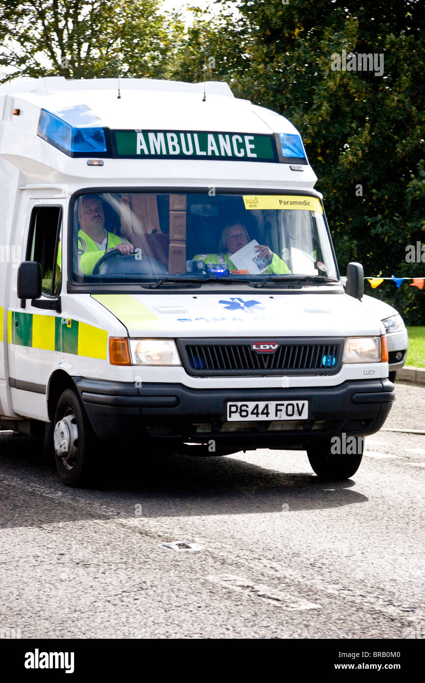 British ambulance with emergency lights flashing Stock Photo Alamy