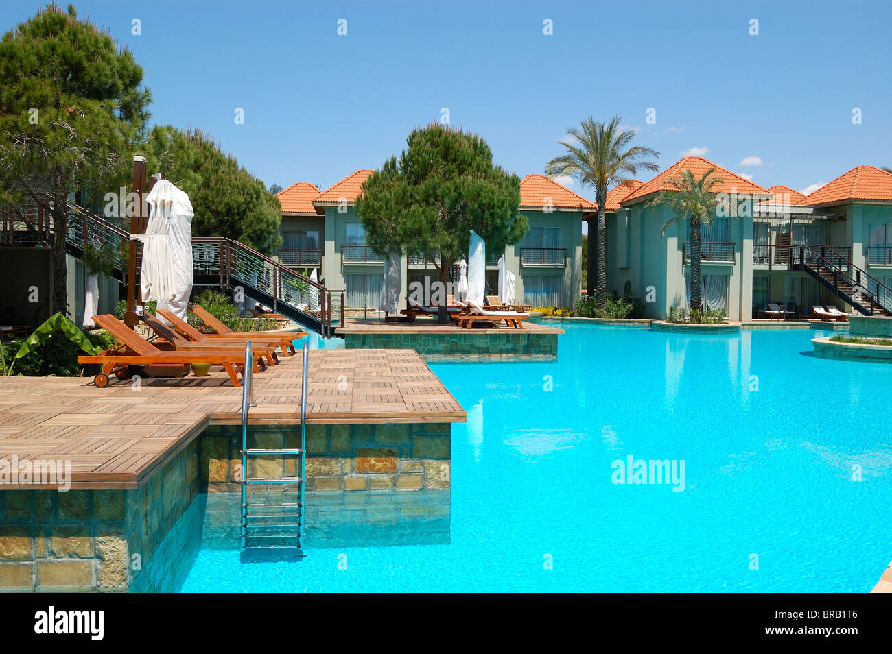 Luxury villas and swimming pool at luxury hotel, Antalya, Turkey Stock Photo