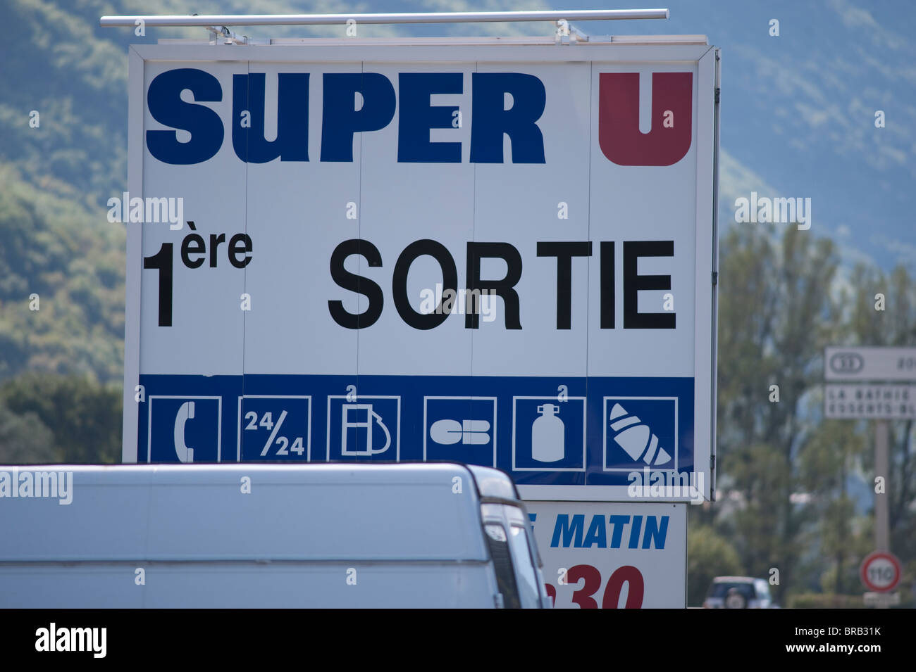 Super U supermarket sign in alpine France Stock Photo