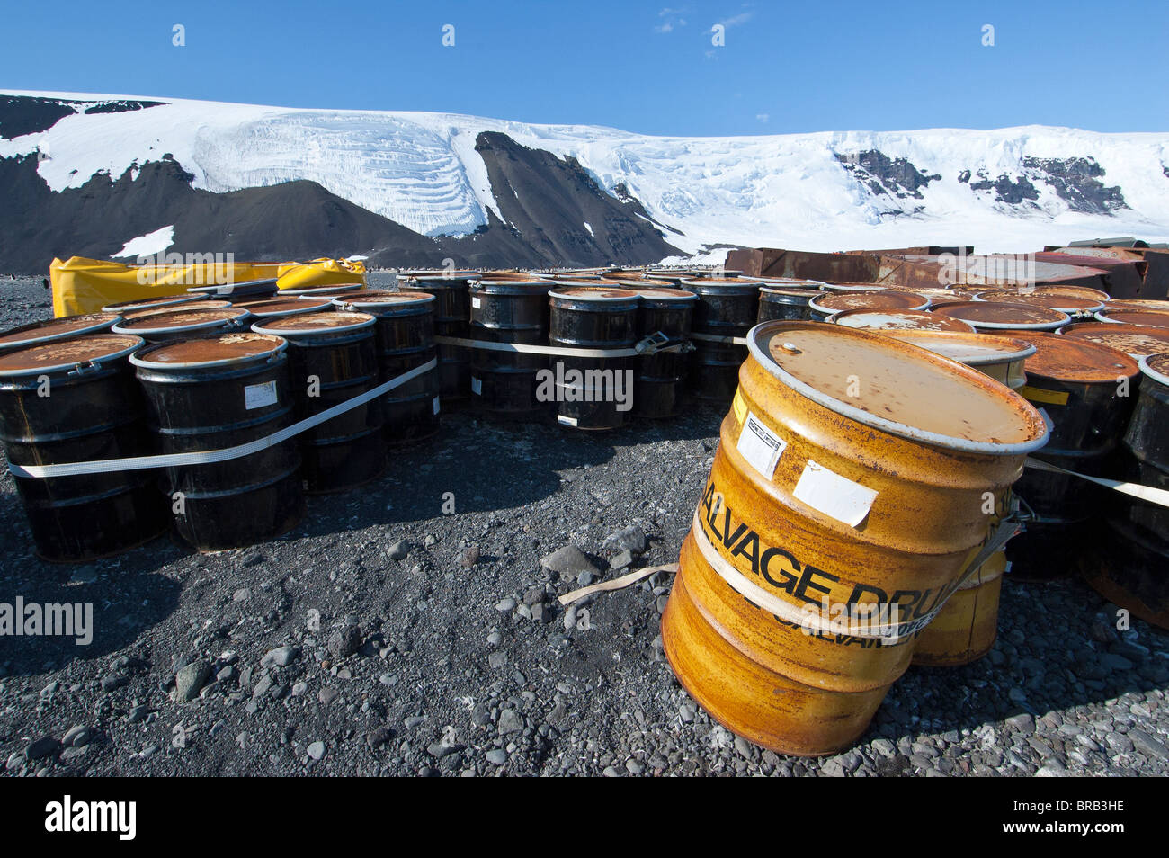 Cleanup operation salvage drum, Cape Hallett, Ross Sea, Antarctica. Stock Photo