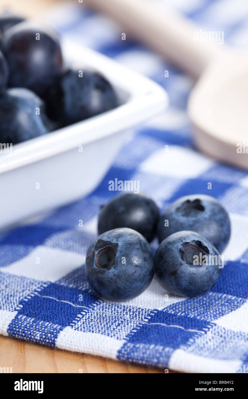 blueberries on checkered tablecloth Stock Photo
