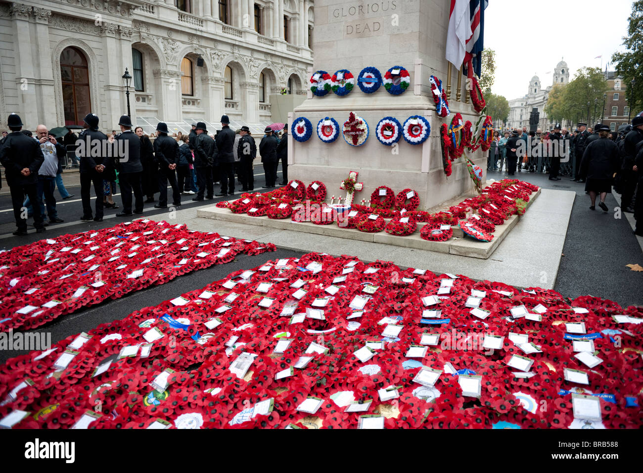 Poppies and wreaths spread around The Cenotaph in Whitehall, London