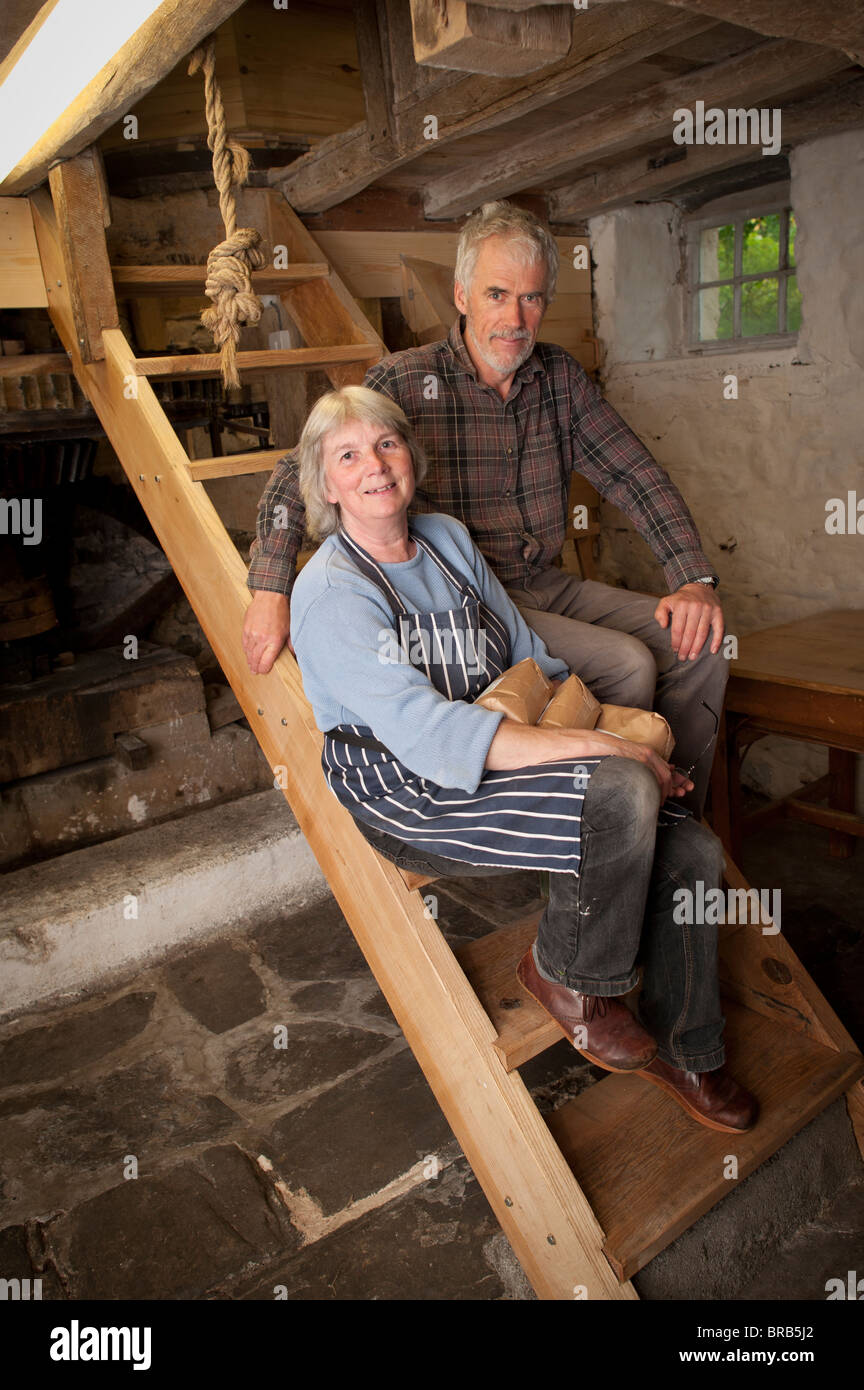 Andrew and Anne Parry at Felin Ganol Watermill. Llanrhystud, Ceredigion., Wales UK - restored 19th century water mill Stock Photo