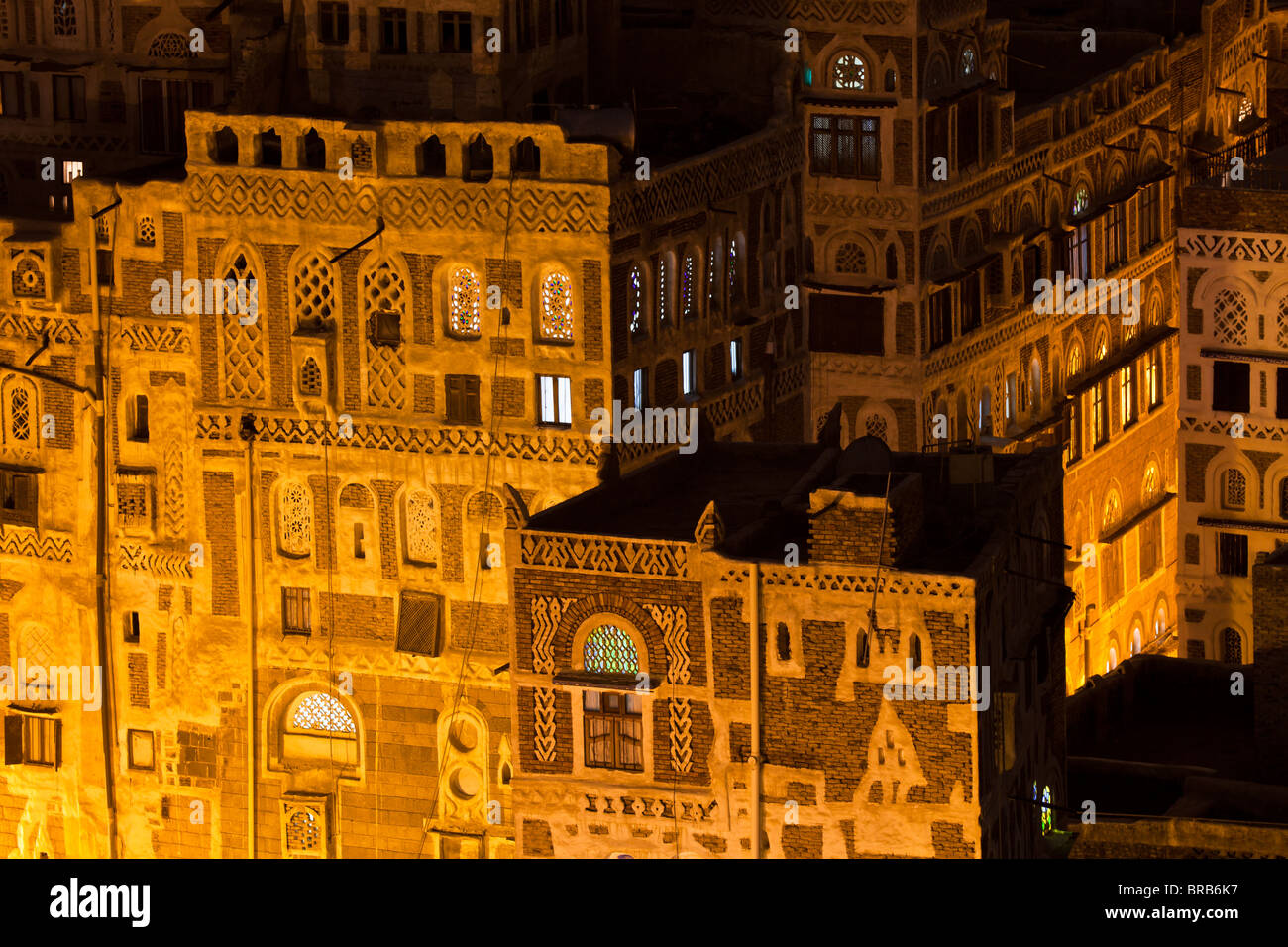 The Old City of Sana'a at night, Yemen Stock Photo