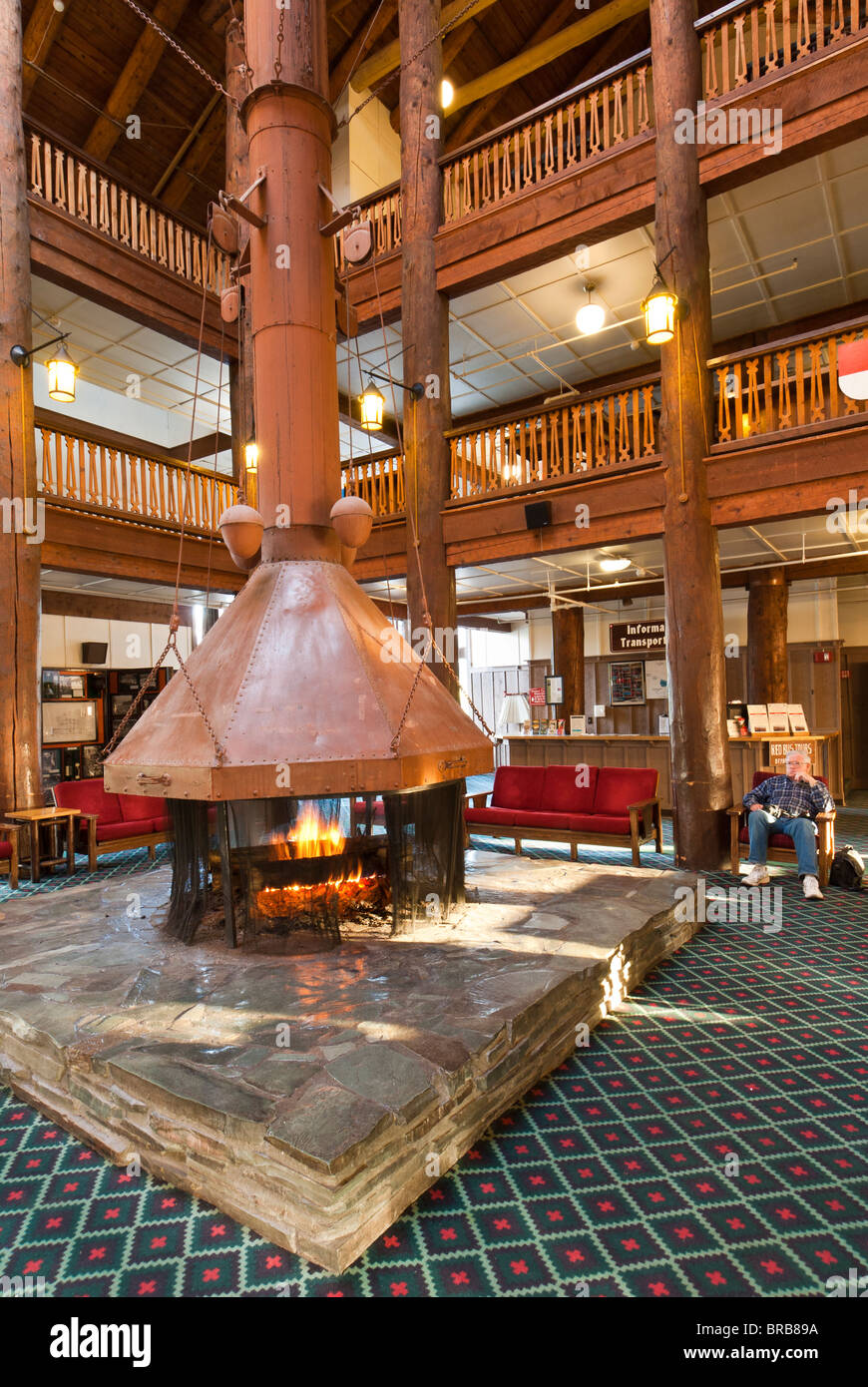 Lobby fireplace, Many Glacier Hotel, Glacier National Park, Montana. Stock Photo