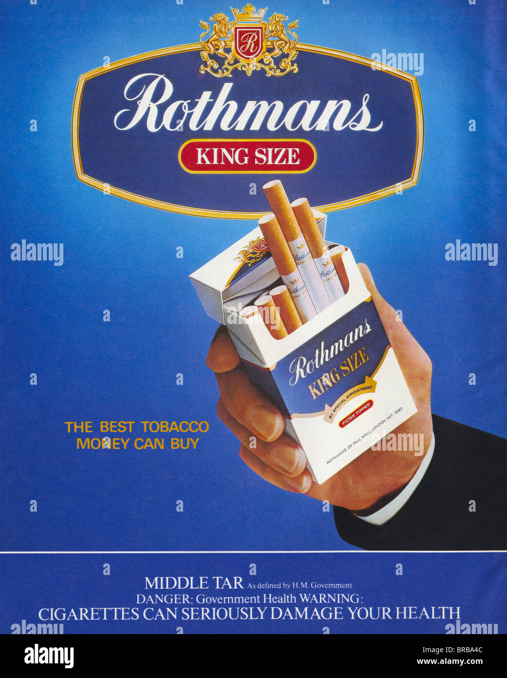 Colour magazine advertisement for Rothmans Kingsize cigarettes circa 1986 Stock Photo