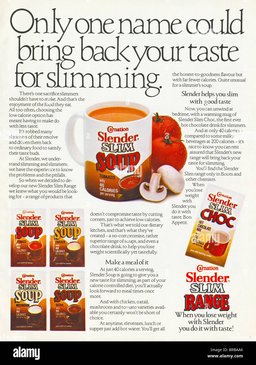 Colour magazine advertisement for Carnation Slender Slim Range of soups 1986 Stock Photo