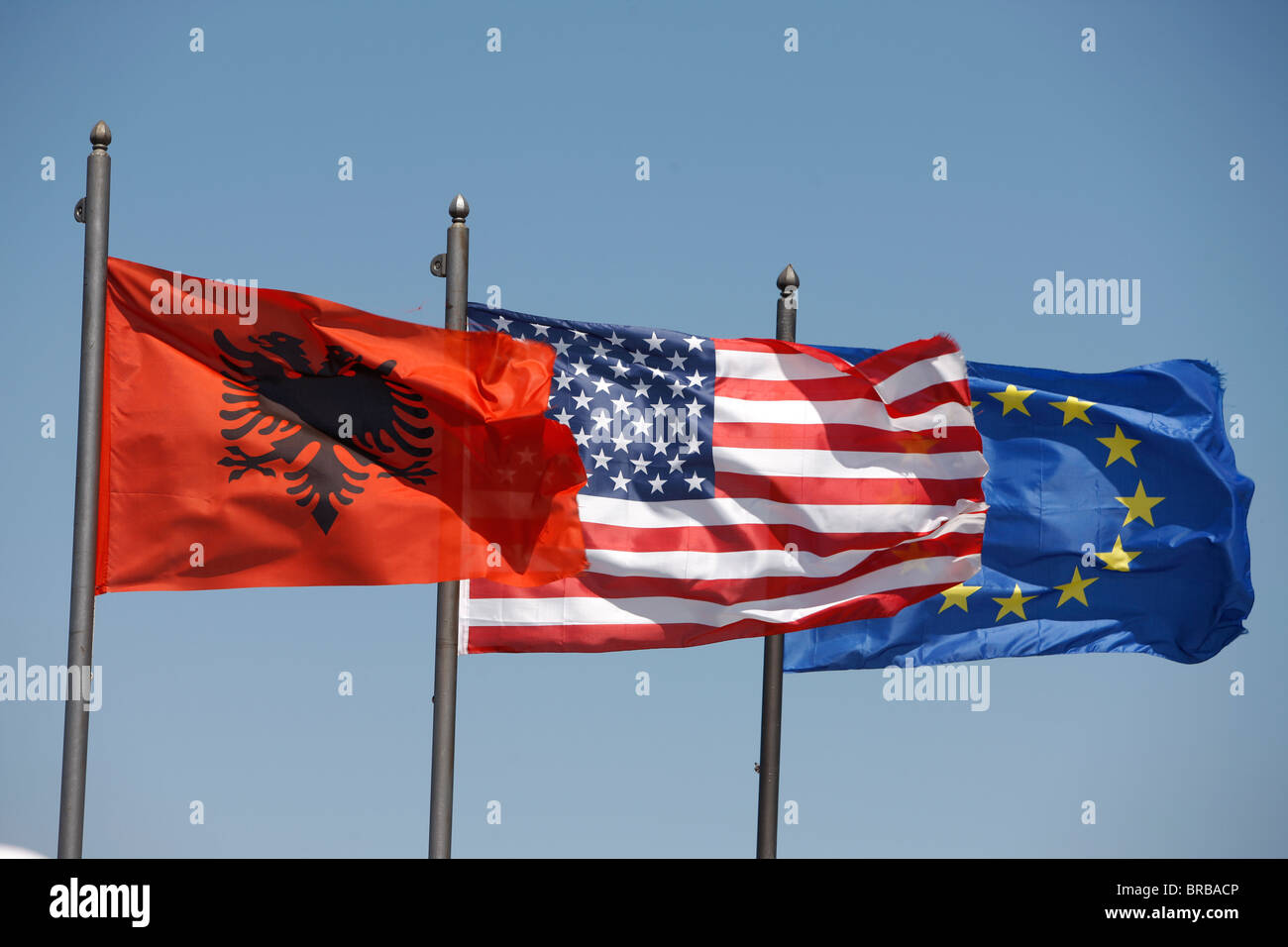 Albanian, American and European flags, Vlora, Albania Stock Photo