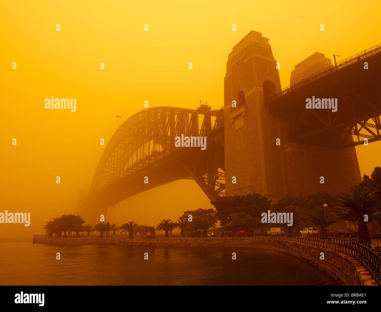 Sydney Harbour Bridge during red dust storm, Sydney, New South Wales, Australia Stock Photo