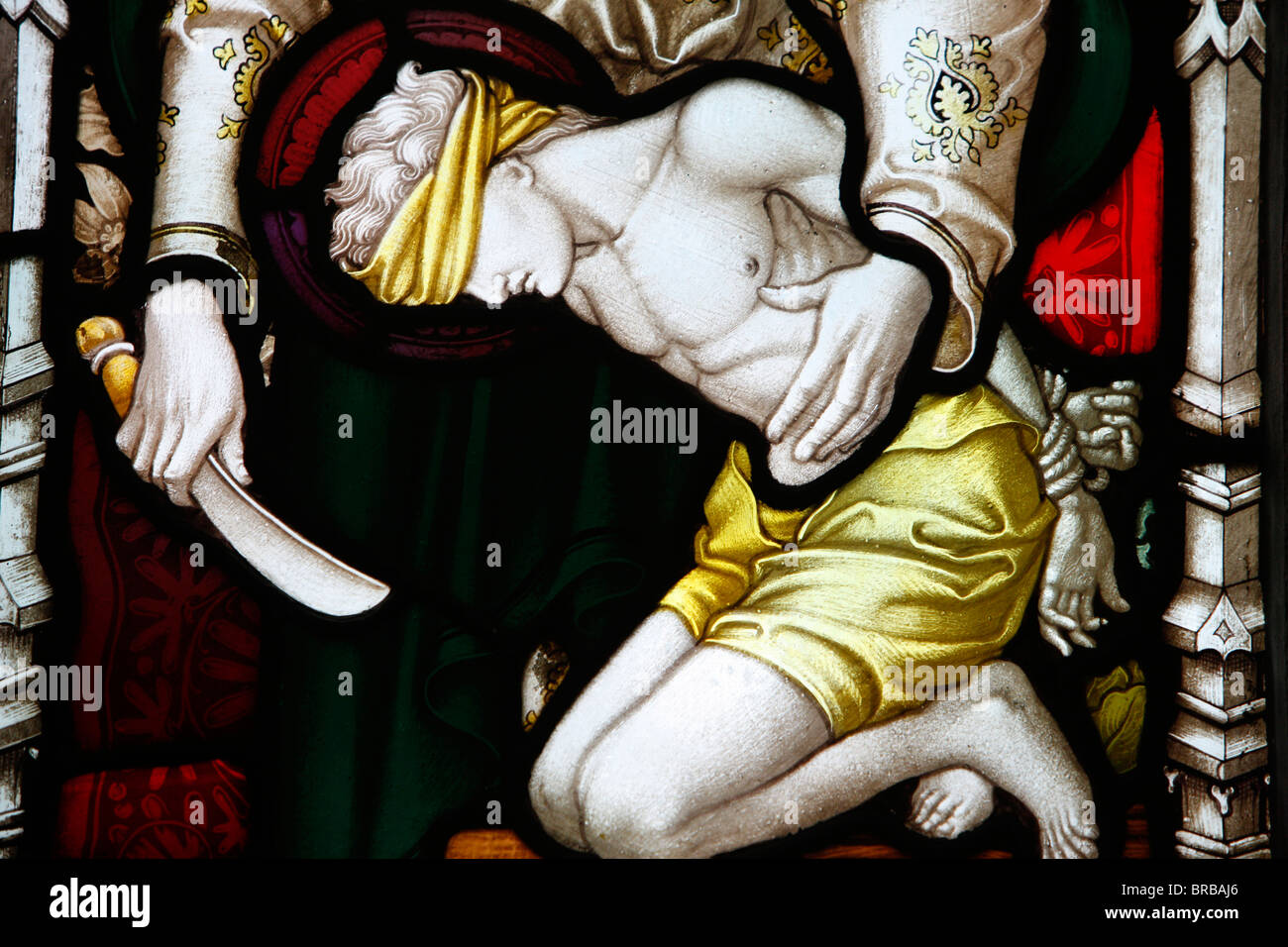 An angel appearing to Abraham and his son, 19th century stained glass in St. John's Anglican church, Sydney, Australia Stock Photo