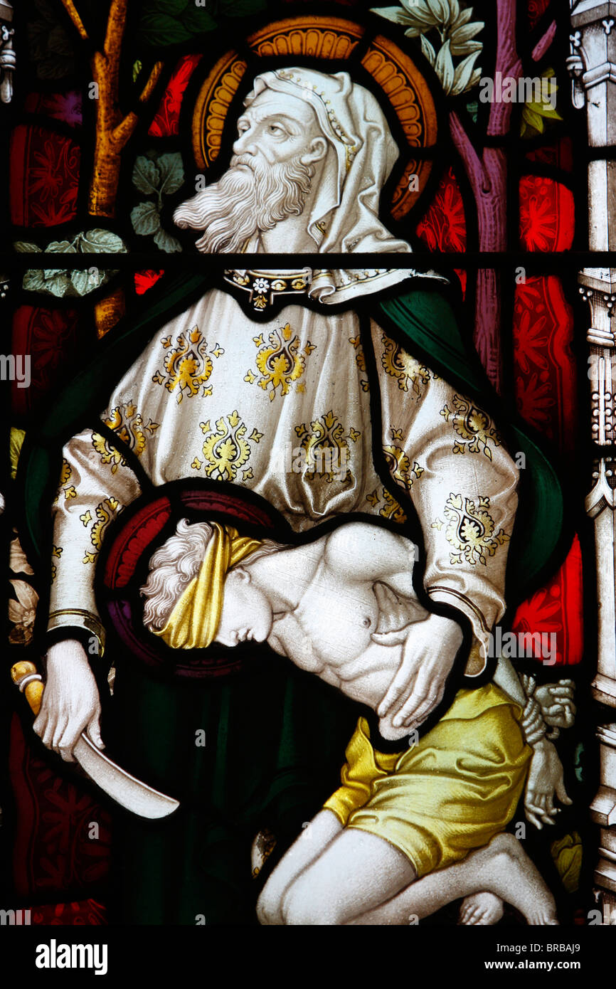 An angel appearing to Abraham and his son, 19th century stained glass in St. John's Anglican church, Sydney, Australia Stock Photo