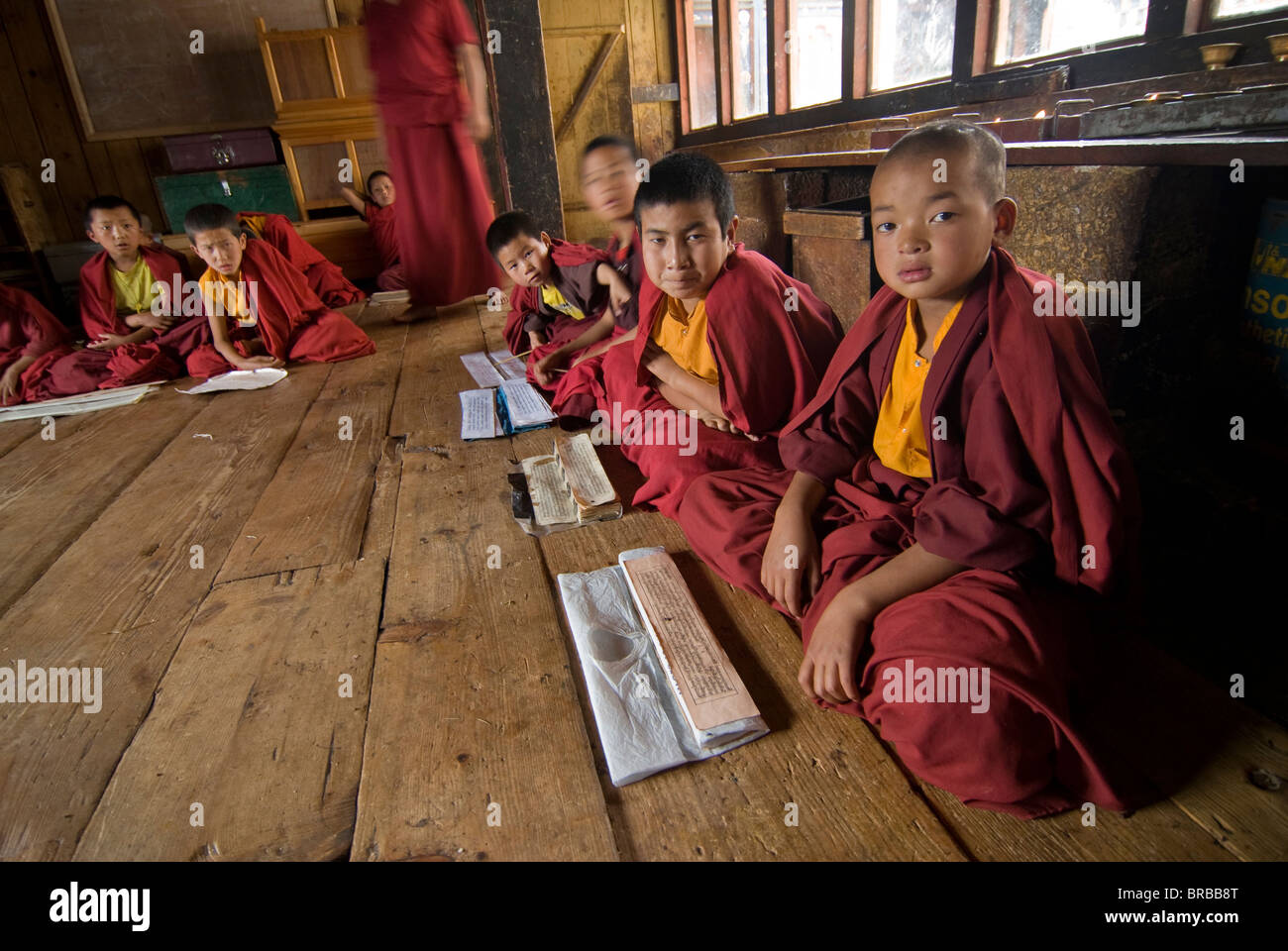 Group of young Buddhist monks learning, Chimi Lhakhang, Bhutan Stock Photo
