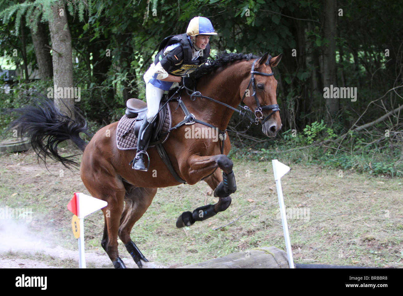 Horse and rider jumping a fence during the cross country phase of a one