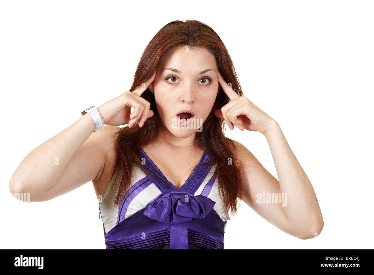 young woman pointing her fingers to the head Stock Photo