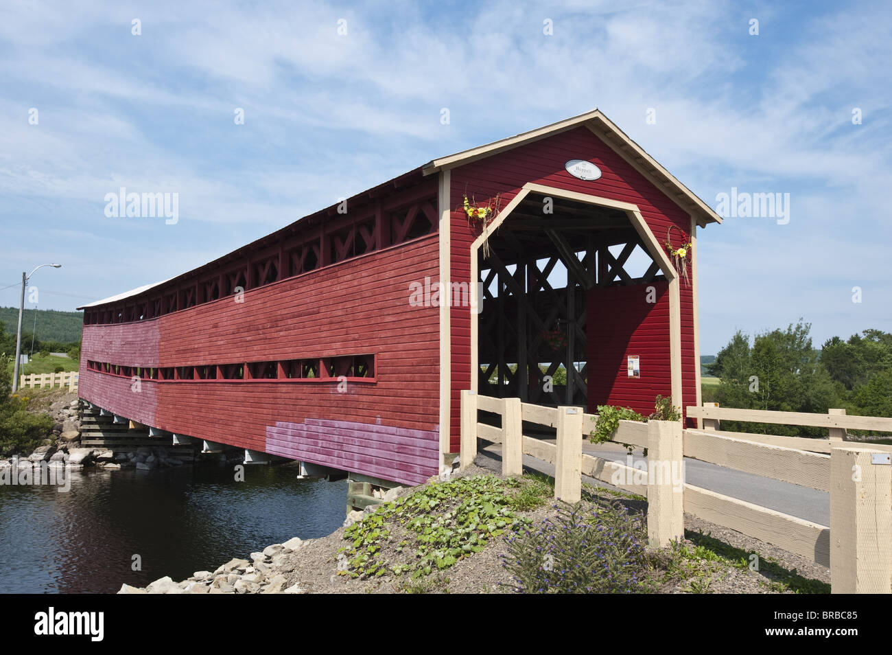 The Heppell covered bridge over the Matapedia River, Quebec, Canada Stock Photo