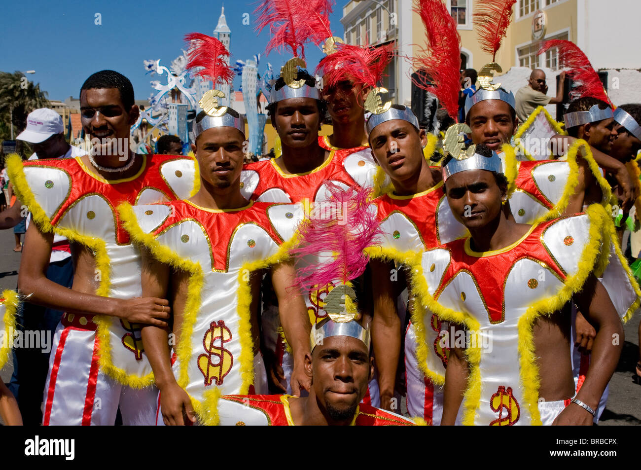 Costumed men celebrating Carnival, Mindelo, Sao Vicente, Cape Verde Stock Photo