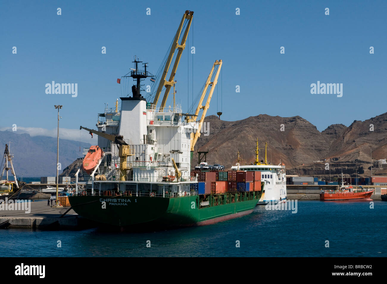 Cargo ship in harbor, Mindelo, Sao Vicente, Cape Verde Stock Photo