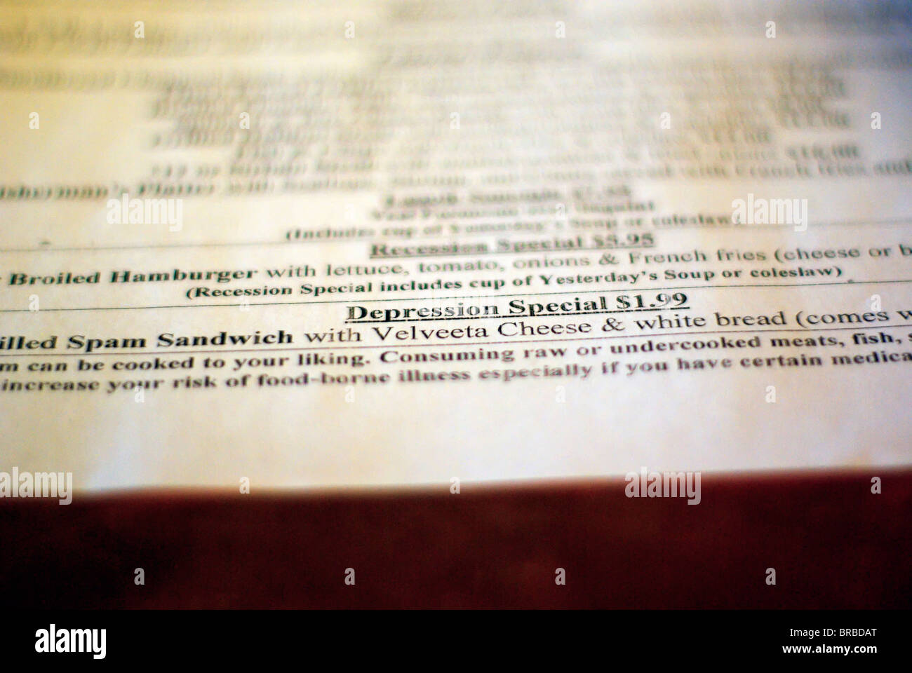 USA North America  New York NYC Montauk Shagwong Restaurant menu gives Recession Depression special meal Stock Photo