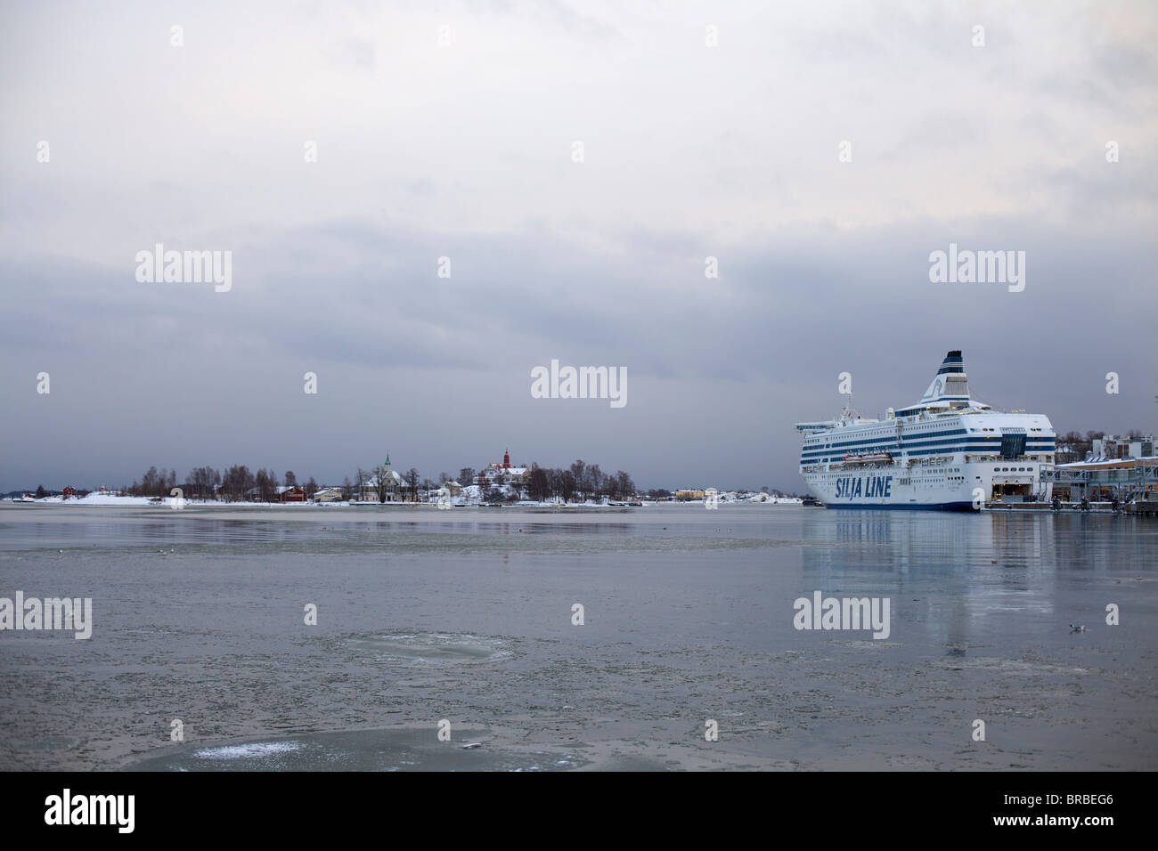 Ferry and Blekholmen island viewed from the harbour, Helsinki, Finland, Scandinavia Stock Photo